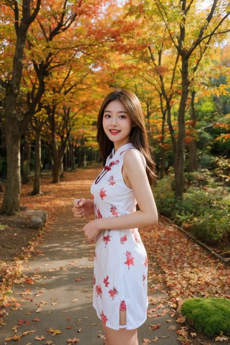 1girl,print_cheongsam,smile,rim light,absurdres,(autumn maple forest:1.3),(very few fallen leaves),(path),botanical garden,cowboy_shot,