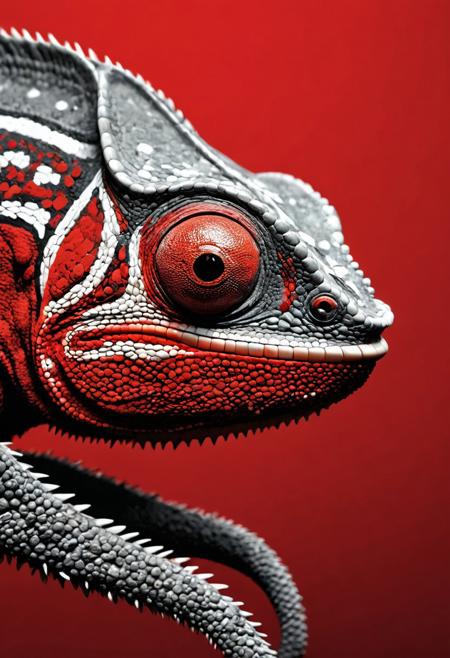 photo of a chameleon cinematic lighting, extremely detailed, high detail, hires textures, incredibly detailed, intricate details, intricate diorama, masterpiece, outstanding intricacies, photorealism, true masterpiece,  beauteous, Intricately designed Minimalist vector illustration, futuristic, sharp angular designs, bold red background, intense expression, modern urban style, clean lines, high contrast between black, white, and red, sleek futuristic aesthetics.