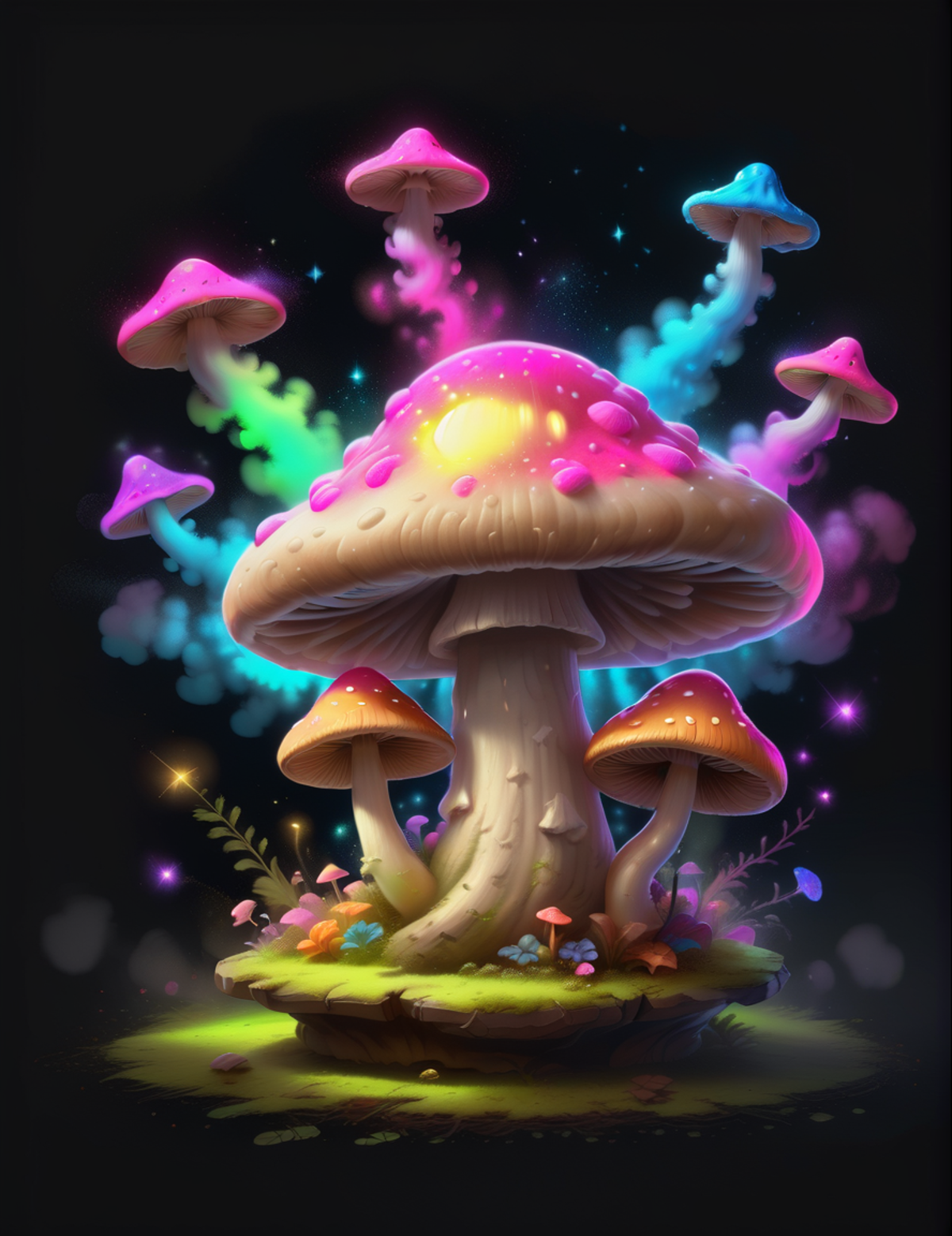 A colorful mushroom with a rainbow effect on it.