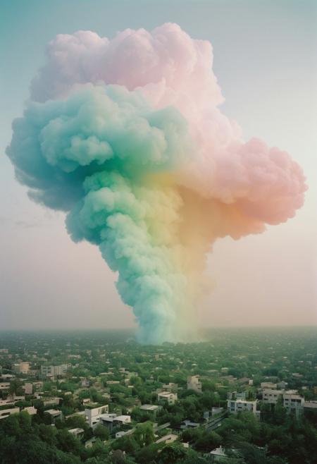 Sentient cloud city, ever-shifting vapor structures, rainbow mist inhabitants, floating gardens of condensation, ephemeral beauty, dreamlike quality, pastel color palette, delicate yet grandiose
polaroid, film still, (Andreas Gursky:1.4) and (Cindy Sherman:1.3), polaroid film still, grainy texture, dramatic shadowsdominating one side, by (Ansel Adams:1.4), high contrast, dramatic lighting, surreal atmosphere. detailxl