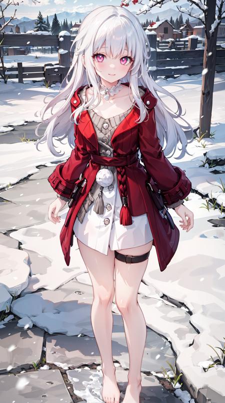 (extremely detailed CG), (best quality), 1girl, petite, small breasts, perfect face, bright pupils, (finely detailed beautiful eyes), narrow waist, hair intakes, white choker, thigh strap, red jacket, red coat, barefoot, white dress, standing, full body, depth of field, light smile, snowing, outdoors,  <lora:ClaraHonkai:0.75>