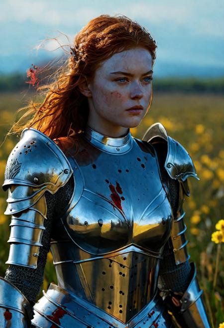 Beautiful Knightess in shiny iron armor, (standing in the middle of a bloody battle on the battlefield: 1.8), fighting pose, wavy red hair, nice dirty and serious face, fantasy, oily skin, full body, athletic figure, beautiful blue eyes, colorful flowers, 8k, ultra realistic, hyper realistic, highly detailed, curves, beautiful perfect close-up pupils, daylight, fantasy style, high contrast, colorful polychromatic, Beautiful Sadie Sink as Knightess, beautiful firm Breasts, defiant and seductive, wet oily shiny skin, ultra detailed, (Intricately Designed dirty face: 1.3), Cinematic clorful lighting, realistic body and face, Photograph Taken on Nikon D750, Intricate, Elegant, Digital Illustration, Scenic, Hyper-Realistic, Unreal Engine, CryEngine, Octane Render, Artgerm, WLOP, Greg Rutkowski, 8k ultra high resolution concept art, hyper-defined, sharp focus, echoing, (hyperdetailed body and face: 1.3), Atrractive, Atrractive 21 years old woman, attractive bust girl, asymmetric balance