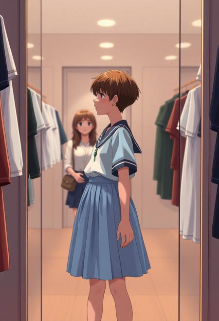 A preteen androgynous boy, around, stands in a clothing store fitting room wearing a sky-blue pleated skate-style miniskirt. he is slender and androgynous, with short brown hair and small button earrings that look recently pierced. he wears a school uniform shirt. he stands in front of a full-length mirror, looking at hem reflection with a mix of awe and quiet happiness. Her mother, just outside the mirror’s reflection, watches supportively. The lighting is soft and warm. The mood is intimate and emotional, symbolizing a moment of self-discovery and quiet triumph. anime style