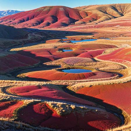 anime key visual, cute, landscape of a Resonant 1980'S (Painted Hills:1.3) from inside of a Marsh, winter trees and Cosmic background radiation in background, Sun in the sky, Realistic, Romantic, Minimalism Art, side lit, F/8, Provia, Bronze background, full of color, masterpiece, pixiv