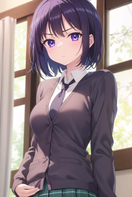 yozoramikazuki, <lora:yozora mikazuki s2-lora-nochekaiser:1>,
yozora mikazuki, short hair, black hair, (purple eyes:1.1), angry, frown,
BREAK shirt, school uniform, necktie, cardigan, black necktie, skirt, green skirt, pleated skirt,
BREAK indoors, classroom,
BREAK looking at viewer, (cowboy shot:1.5),
BREAK <lyco:GoodHands-beta2:1>, (masterpiece:1.2), best quality, high resolution, unity 8k wallpaper, (illustration:0.8), (beautiful detailed eyes:1.6), extremely detailed face, perfect lighting, extremely detailed CG, (perfect hands, perfect anatomy),