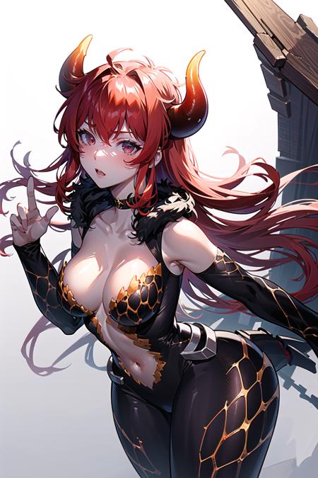 (detailed face and eyes:1.3),full body,
<lora:niji_dola-10:1>,niji_dola,dola \(nijisanji\),dragon girl,solo,red hair,horns,red eyes,dragon horns,large breasts,cleavage,blush,hair between eyes,dragon tail,tail,navel
Ultra-detail,(highres:1.1),best quality,(masterpiece:1.3),cinematic lighting,