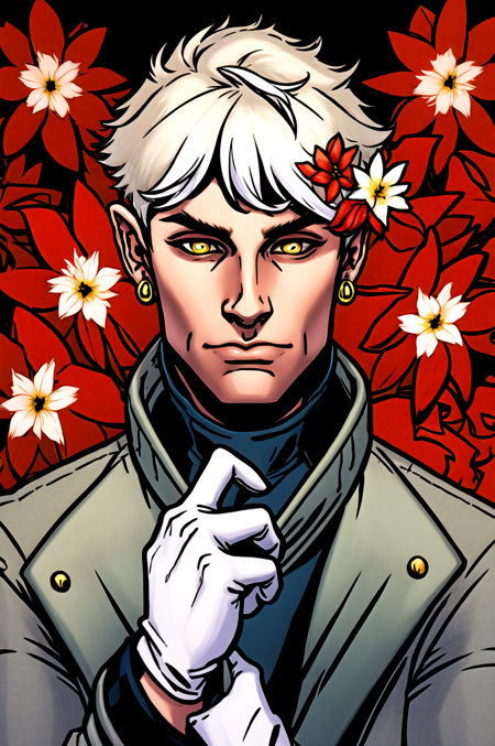 masterpiece, best quality, highres, 1boy, male focus, multicolored hair, yellow eyes, flower, solo, gloves, white gloves, two-tone hair, white hair, earrings, short hair, holding flower, fur trim, jewelry, third eye, holding, black hair, portrait, fur-trimmed coat, simple background, streaked hair, closed mouth, coat, looking at viewer, hand up, white background, upper body, brown hair, white flower, grey background, bangs, long sleeves, grey hair, expressionless, parted bangs, single earring, shaded face