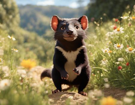 cartoon realistic cute tasmanian devil looking at the viewer, sunny day, noon, wildflowers, tasmanian outdoors, outback in the style of Studio Ghibli Style, extremely high detail, masterpiece, cinematic lighting, award winning, trending on Artstation