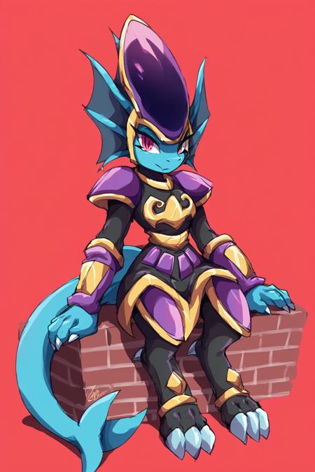 Feminine, intricate, score_9, score_8_up, score_7_up, score_6_up, score_5_up, source_anime, merga_fp, dragon, aquatic dragon, ear fins, helmet, head fin, ((armor)), toeless footwear, toe claws, leaning back, looking at viewer, medium breasts, sitting on brick wall, city background, urban, ((cityscape)), relaxed, 
BREAK
seductive, alluring, charming, half-closed eyes,
BREAK
<lora:pony_good_hands:1>, good_hands, better_hands,
BREAK
scene, (((red background))), boxed background, outdoor, dark setting, dynamic background, <lora:Merga_-_Freedom_Planet_2:1>