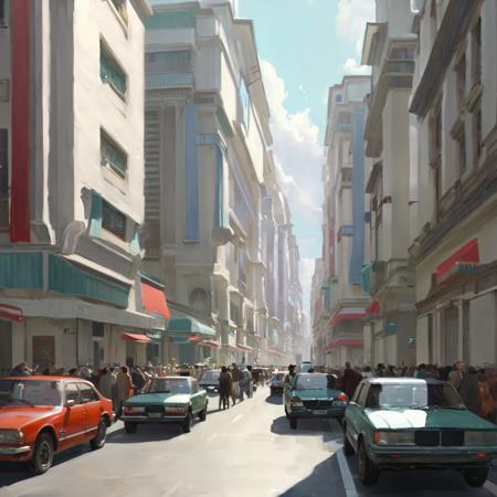 image in xx artstyle of a busy city street with cars and people