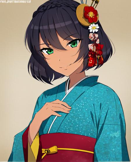 <lora:Hoshino-10:1>  1girl, solo, looking at viewer, smile, short hair, black hair, hair ornament, closed mouth, green eyes, upper body, braid, flower, japanese clothes, artist name, hair flower, dark skin, kimono, dark-skinned female, sash, watermark, obi, floral print, web address, blue kimono, crown braid