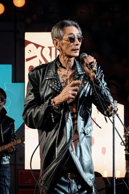 best quality, masterpiece,Concert stage,Neon light background,Studded leather jacket,leather pants,Black sunglasses,Vertical microphone,old men,<lora:masanli:0.8>