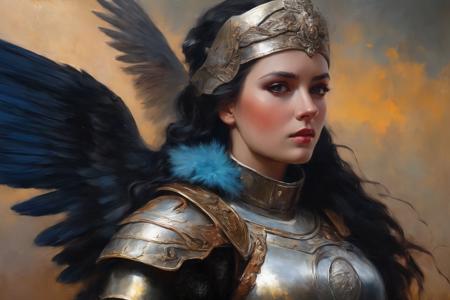 ((Masterpiece, best quality)),beautiful colors, sharp contrast,oil painting, vintage,crackled paint,
walkure, portrait of a  woman ,wearing walkure,wings,armor,winged helmet,painted in walkure style
 <lora:edgWalkureXL:0.7>