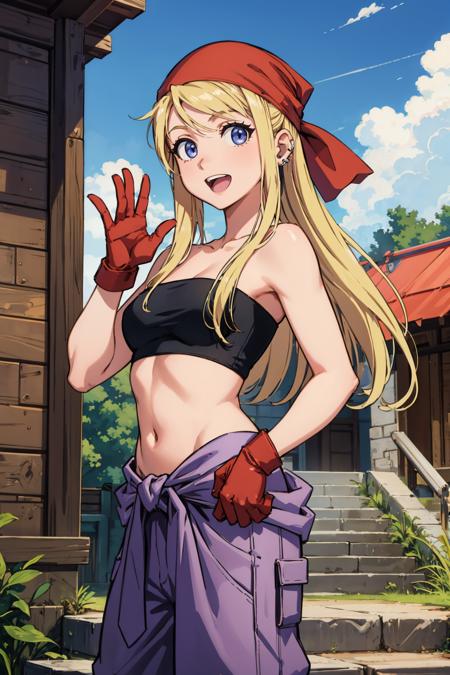 winry rockbell earrings, red bandana, black tube top, strapless, midriff, clothes around waist, purple pants, brown gloves earrings, green bandana, black tube top, strapless, midriff, clothes around waist, beige pants, brown gloves ponytail, black and white striped sports bra, zipper, clothes around waist, beige pants, brown gloves