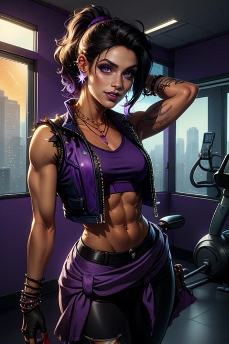 Amara, short black hair,ponytail, toned , blue left arm tattoo, scars, standing, arms on hips, upper body, smiling, posing,
AmaClot,right fingerless glove,ear piercing,earrings,midriff ,crop top,torn clothes ,vest,bracelet,pants,boots,necklace,belt ,
spaceship, window, stars milky ways, purple themed room, purple walls, gym,
 (insanely detailed, beautiful detailed face, masterpiece, best quality) <lora:Amara-10v3:0.7>