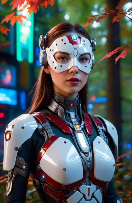 A cinema-photorealistic portrayal of a beautiful female cyborg, her face adorned with an intricate porcelain mask, set in stark contrast with a lush green forest under the warm touch of crimson autumn leaves. Surrounding her, a pulsating cyberpunk city, she stands under the flicker of neon lights, each light ripple delicately illuminating her mask details. Concealed in this futuristic backdrop, volumetric lighting and subsurface scattering techniques deliver a hyperrealistic perception of reality, conjuring up an image akin to an Unreal Engine 5-rendered concept art on ArtStation, embodying an 8K HDR testament and a vividly conceived masterpiece.