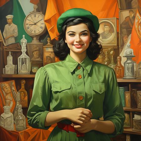 score_9, score_8_up, score_7_up, style of soviet, solo, 1girl, smiling, black hair, hour glass figure, makeup, wearing a layered green blouse, dress, jacket, hat, elegant, fantasy, vibrant colors, masterpiece, detailed,