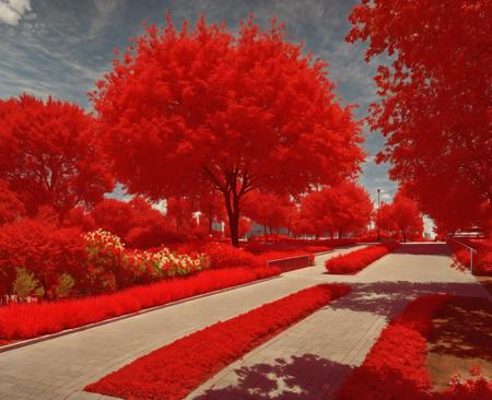 there is a red tree in the foreground and a red bridge in the background, a digital rendering by Huang Ding, featured on cg society, interactive art, red trees, colorful otherworldly trees, infrared color scheme,  <lora:Redia_yiu_v10:0.6>