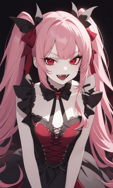 Vanica vampire girl vampire fangs very pale skin red eyes pink hair long hair twin tails hair ribbons