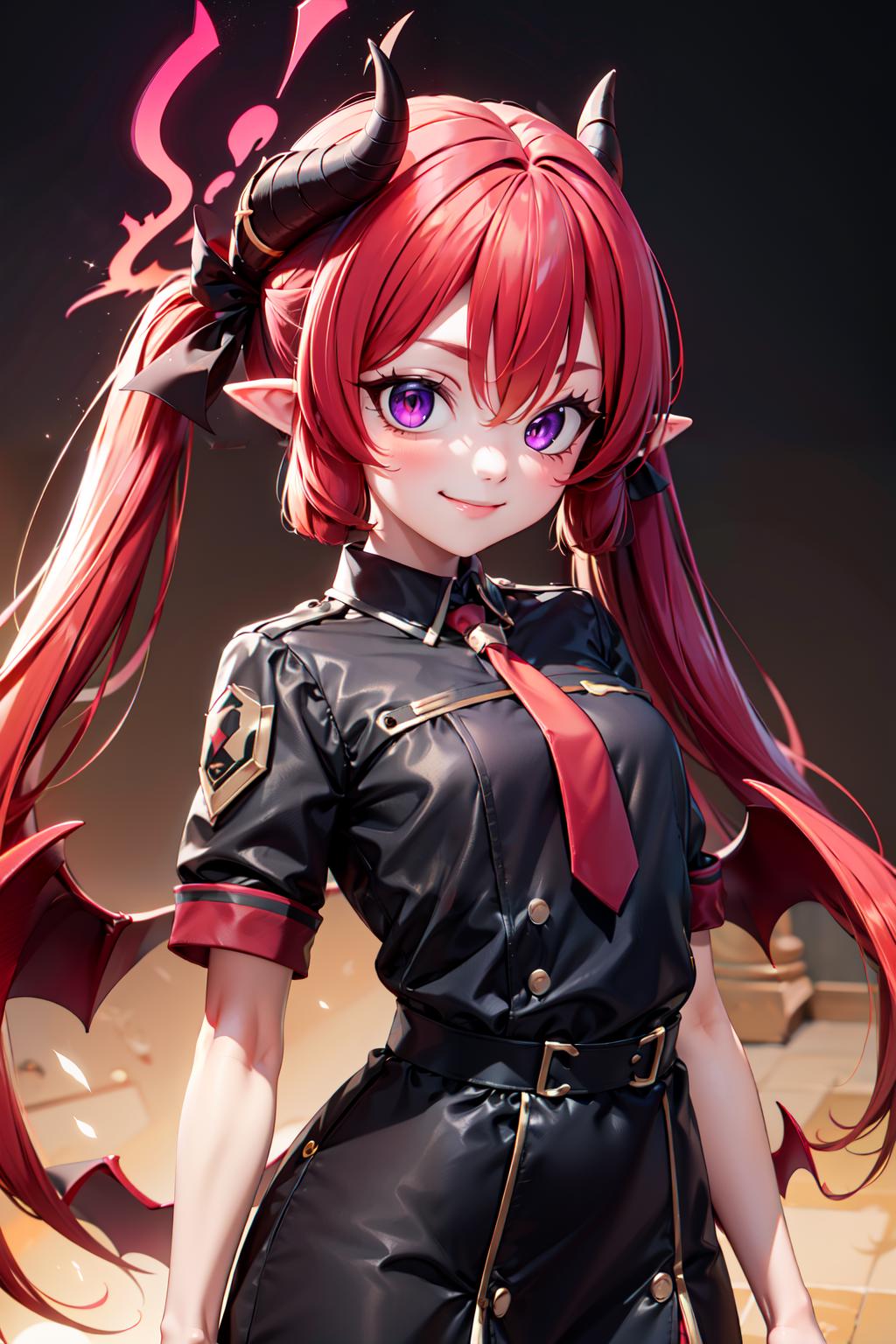 (masterpiece), <lora:Beautiful_CAT_v3:0.8>, best quality, high resolution, highly detailed, perfect lighting,  ,  <lora:Junko_BlueArchive_Citron:0.8>, zzJunko, red hair, horns, long hair, twintails, halo, demon horns, pointy ears, wings, hair between eyes, demon wings, very long hair, black horns, low wings, purple eyes, red eyes, ribbon black shirt, looking at viewer, short sleeves, red necktie, red halo, , upper body , solo, smiling, looking at viewer,, BREAK, hip to the side, contrapposto, cowboy shot,