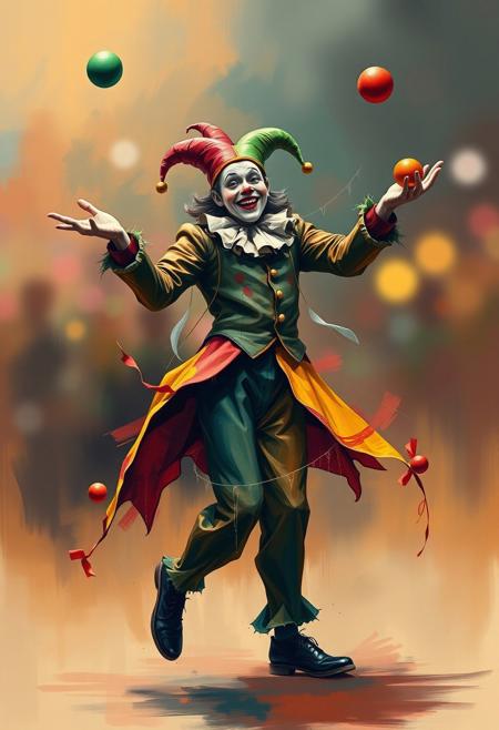 A full-body joyful jester juggling, depicted in abstract expressionism with a blurred bokeh effect and smooth gradient transitions. The piece uses bold brushwork, vibrant colors, layered textures, energetic forms, spontaneous movement, and modernist influences, with seamless color blending and a sharp subject focus.