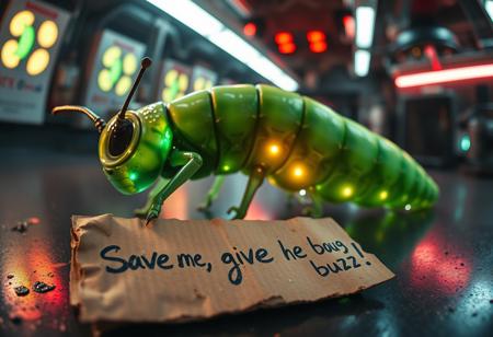 “Plastic Man morphing into a caterpillar, blending human and insect features with intricate high-technology details. His body exhibits glossy, translucent plastic textures merging seamlessly with the segmented, velvety green surface of the caterpillar, complete with delicate antennae and tiny legs. Random, glowing, fancy spots illuminate the scene, resembling futuristic bio-luminescence. A rotten piece of cardboard lies in the foreground, damp and crumpled, with bold, messy handwriting that reads: ‘Save me, give me buzz!’ The setting is an abstract, high-tech environment, filled with mechanical and organic elements. Rendered with cinematic prime lens effects, using a fisheye 12mm perspective for dramatic distortion and dynamic depth, showcasing surrealism with stunning visual clarity.”