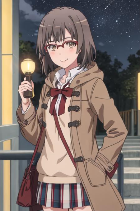 best quality, masterpiece, highres, solo, {ebina_hina_yahariorenoseishunlovecomewamachigatteiru:1.15}, short_hair, brown_hair, glasses, smile, red-framed_eyewear, black_hair, brown_eyes, 1girl, coat, night, sky, star_\(sky\), starry_sky, night_sky, bangs, hood, hood_down, looking_at_viewer, pleated_skirt, shirt, skirt, standing