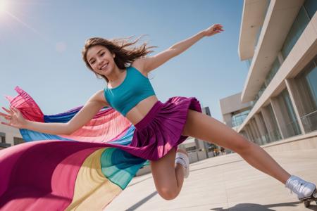 full body,from below,wide shot,photo of a 18 year old girl,skating,happy,laughing,looking at viewer,colorful crop top,colorful pleated skirt,panties,ray tracing,detail shadow,shot on Fujifilm X-T4,85mm f1.2,sharp focus,depth of field,blurry background,bokeh,<lora:add_detail:1>,