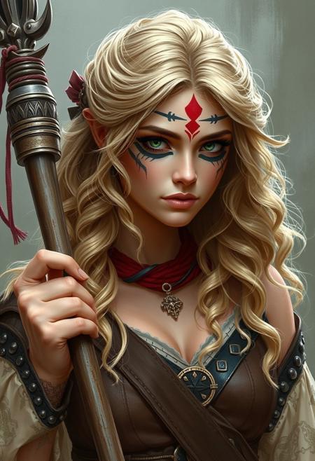 Kalloni shows us the glory of battle, the value of truth, and represents the beauty of the life that we defend. She is blonde, with wavy hair. She wears black warpaint around her eyes, and red in streaks around her face. She carries a mace as a weapon.