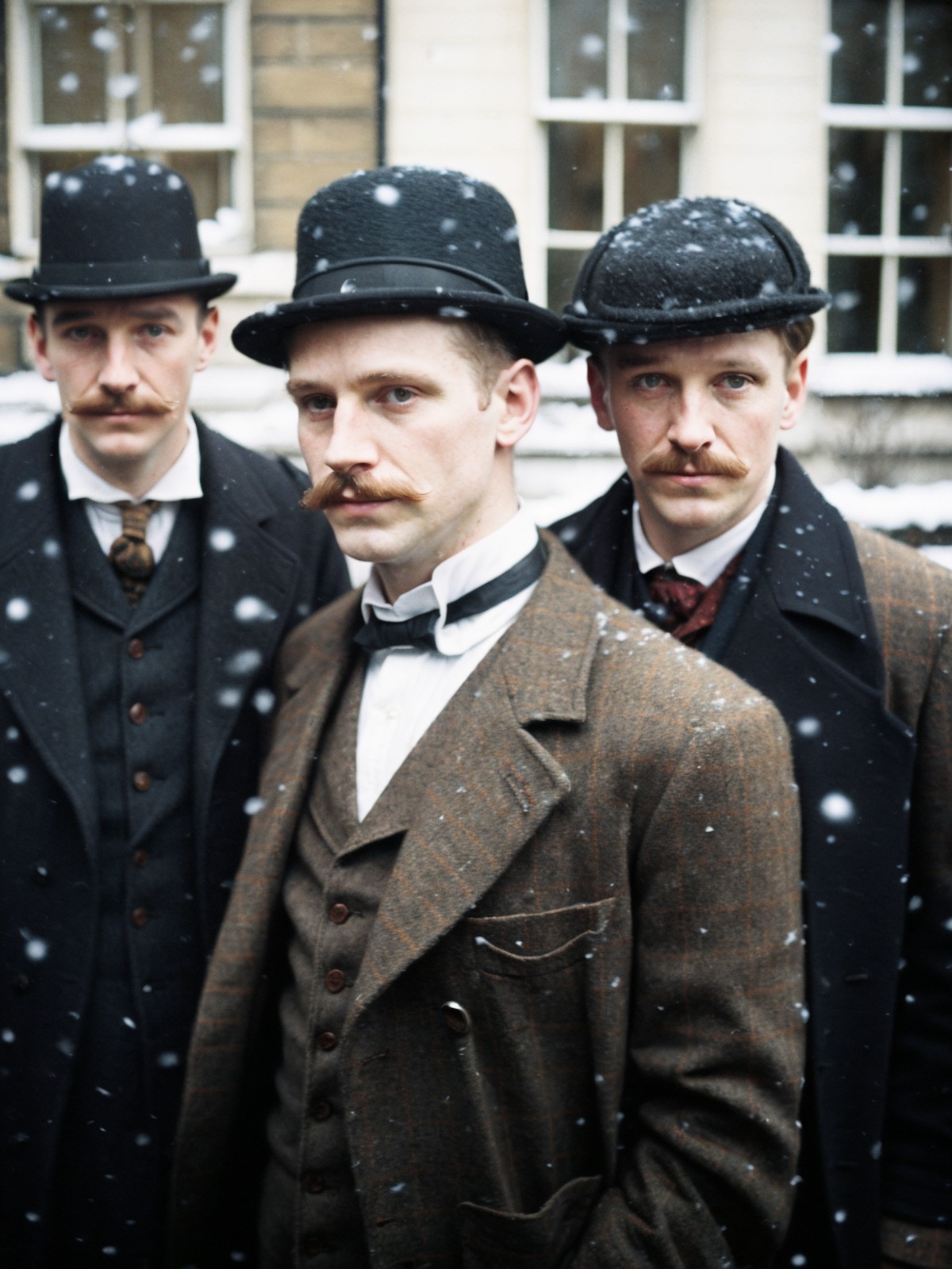 film grain analog photography,victorian-era clothing, two men standing, detective theme, london setting, bowler hat, deers...