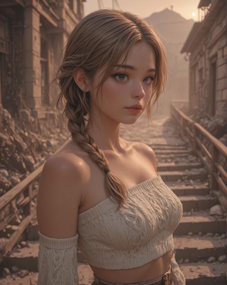 1Female. Cute wasteland scout, with dirty yet soft smooth skin. Sadness. Slight tan, sunburn. Loose Messy braided hair. She wears practical yet stylish clothing crafted from repurposed leather and salvaged metal, (Wearing Knit tube top:1.2). Highly detailed beautiful expressive eyes. Detailed face and hair. Studio quality dynamic lighting. Desolate landscape with an abundance of ruins and cracking ground. Heat haze subtly distorting the world around her. Harsh environment with a wide angle and a strong backlighting. Melancholic and hopeful. Collapsing bridge in the distance. Decay of the world. Photorealistic, Natural atmospheric lighting, intricate details, 35mm photograph, film, professional, 4k visuals, highly detailed, elegant, studio quality.