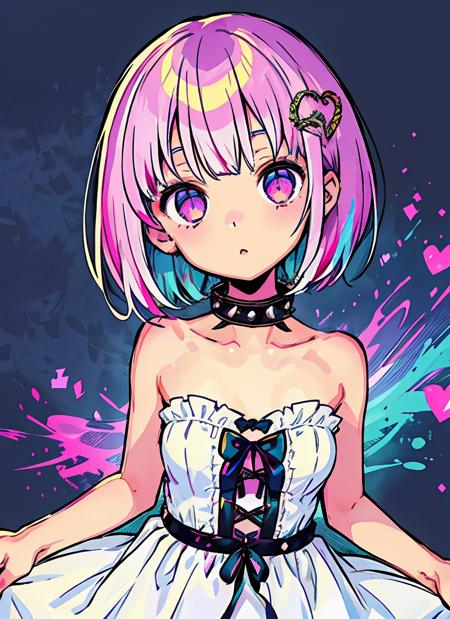 1girl, solo, looking at viewer, short hair, bangs, hair ornament, dress, bare shoulders, purple eyes, pink hair, heart, multicolored hair, white dress, collar, bare arms, strapless, strapless dress, spikes, heart hair ornament, spiked collar, 
<lora:color_girl_v1:0.6>