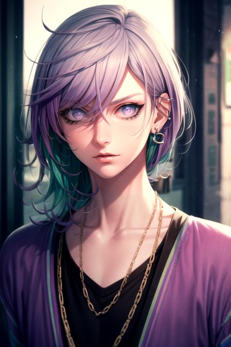 kanata_yatonokami, purple hair, purple eyes, multicolored eyes, short hair, hair between eyes, streaked hair
