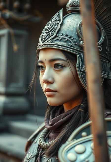 Close Up shot of Raya as a warrior princess  at the Cambodian temple, ancient cambodian armour, at day, Low saturation color photography, vintage, grunge, side hard light