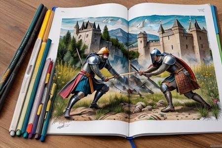 (graphics pencils crayons),battle between knightsmedieval, nearby castle, weapons swords, super realistic picture 4k resolution, ultra HD, realizam, detailed visualizations of knights and landscape, detailed image of their faces and weapons and armor