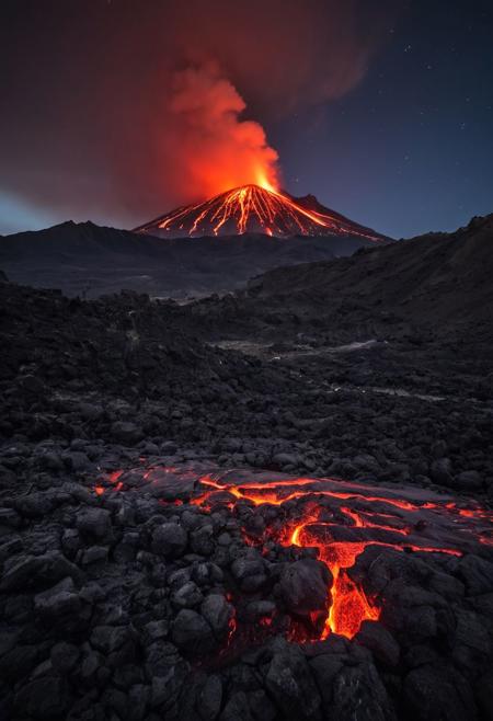 In the heart of a volcanic landscape. Molten lava cascades down the mountainside, casting an ominous red glow across the rocky terrain. With smoke and ash billowing into the sky, night time. magestic auroras in the sky. star filled sky.
many details, extreme detailed, full of details,
Wide range of colors.
Many details everywhere.  soft shadows. Low saturation colors. Insane quality. Insane resolution. Insane details. Masterpiece. 32k resolution.
Dramatic,Dynamic,Cinematic,Sharp details
 <lora:add-detail-xl:1>