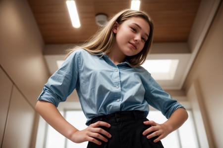 from below,photo of a 18 year old girl,dancing,hands on hips,happy,shirt,pants,ray tracing,detail shadow,shot on Fujifilm X-T4,85mm f1.2,sharp focus,depth of field,blurry background,bokeh,lens flare,motion blur,<lora:add_detail:1>,