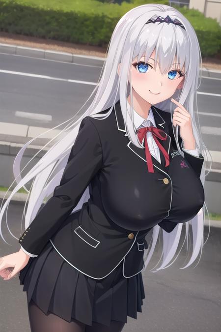 Ichinose Mikoto very long hair,white hair,hairband,hair between eyes,sidelocks,bangs,blue eyes school uniform,black jacket,blazer,neck ribbon,red ribbon,white shirt,collared shirt,huge breasts,skindentation,long sleeves,miniskirt,black skirt,pleated skirt,black pantyhose,loafers