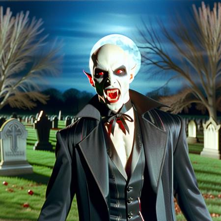 Vampyfangs1. a film still photo. 35mm. 4k. From a 2003 movie. A Nosferatu vampire man is showing off his fangs, he is walking around a graveyard. Night. Full moon. Red eyes. Bald. Pointy ears. Strigoi