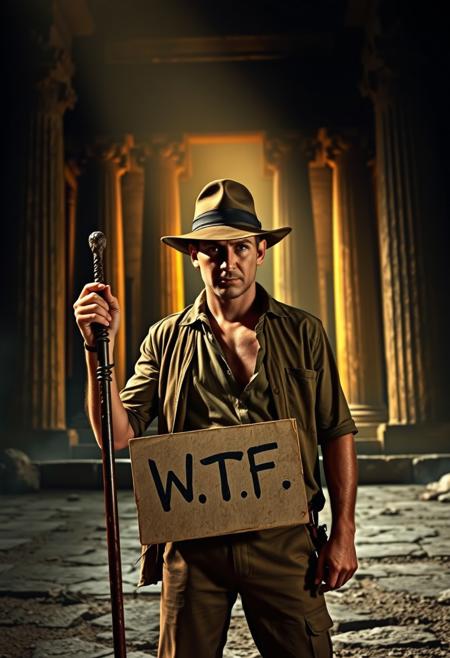 Indiana Jones, standing outside a shadowy, ancient temple with dramatic, high-contrast lighting, holds a sign that reads ‘W.T.F.’ His legendary staff is mysteriously shrunk to a smaller size and tucked away in his pocket. The scene is set in a location that evokes the eerie, labyrinthine atmosphere of Pompeii or the haunted ruins of Agrigento, heightening the sense of danger and intrigue