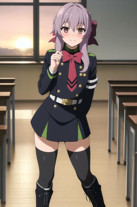 (masterpiece), high quality, detailed background 1girl, solo,
 <lora:OwariNoSeraphHiragi-v1-01:0.7>, ChopioHiragi, bow, purple hair, braid, hair bow, red bow, looking at viewer, (blush:1.3),
indoors, classroom, windows, sunset, standing, smile, cute pose,
Hiragi_Uniform, military uniform, red tie, long sleeves, white belt, gold buttons, zettai ryouiki, black thighhighs, pleated skirt, black boots, black footwear, knee boots