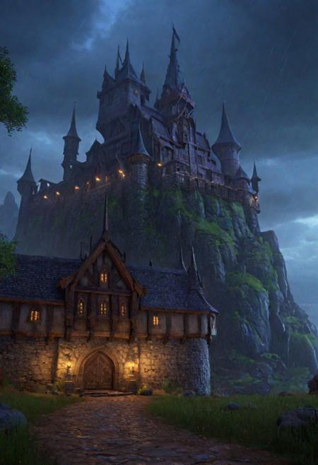 Environment castle nathria in world of warcraft ::gothic style fully developed castle :cinematic, raining, night time, detailed, epic , concept art, Matte painting, shafts of lighting, mist, photorealistic, concept art, volumetric light, cinematic epic + rule of thirds, movie concept art, 8k, cinematic, trending on artstation, movie concept art, cinematic composition , ultra detailed, realistic , hyper realistic , volumetric lighting , 8k  ar 3:1