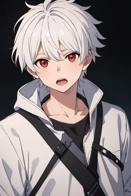 bell cranell, 1boy, solo, looking at viewer, short hair, open mouth, red eyes, upper body, white hair, male focus <lora:bell-cranel-000001:0.4> <lora:animixAnimeScreenshotLikeStyleMixLora_v10:0.3>