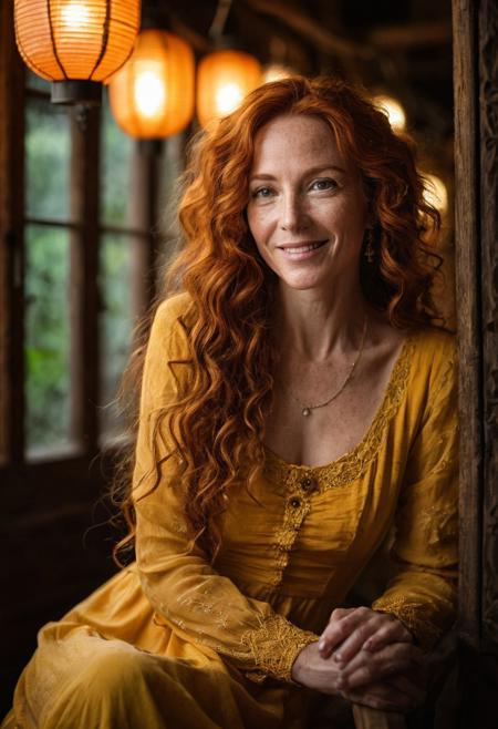 A night time photo of a beautiful woman, (50 years old:1.5), with long curly orange hair and freckles, pleasant smile, wearing a bright yellow dress, jewelry, sitting, skinny, narrow hips, slim petite body, (medium breasts:1.3), sitting inside a cozy medieval cottage, (perfect hands:1.5), (cinematic), (dark, high contrast), (intricately detailed eyes:1.5), (subsurface scattering:0.9) lit by Victorian lanterns, full body view. shallow depth of field, vignette, highly detailed, high budget, bokeh, cinemascope, moody, epic, gorgeous, film grain, grainy, dark shadows, DarkFantasy, photo, cinematic,