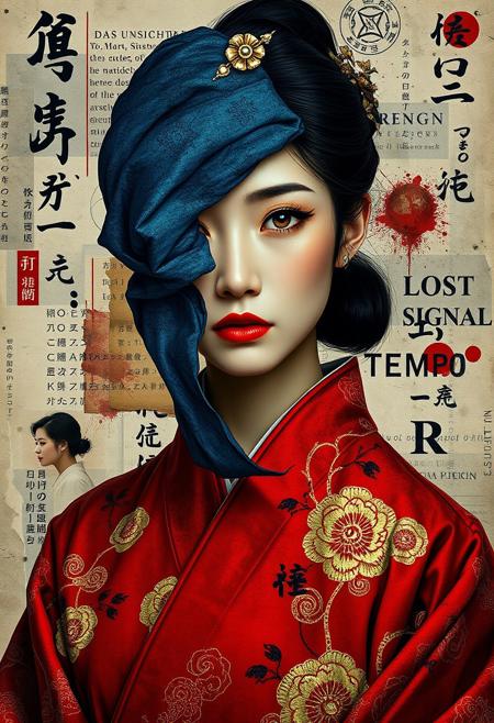(abstract collage artwork, Art by Sergio Toppi)** A stylized digital portrait depicts an East Asian woman, her features abstractly fragmented. A textured indigo cloth veils her face, revealing sharp, contemplative eyes and a sliver of glowing golden-ivory skin. Her jet-black hair is swept into a sleek chignon adorned with a floral metalwork hairpin. She wears a hanbok-inspired crimson robe with wide sleeves, embroidered with golden peony motifs, swirling clouds, and geometric lattice patterns in metallic embossed textures.  
The backdrop merges torn rice paper, ink washes, and layered collages. Multilingual phrases—Chinese *"碎片记忆,"* Korean *"흩어진 ﷿간,"* German *"DAS UNSICHTBARE,"* Japanese *"記憶の影,"* Italian *"TEMPO ROTTO,"* and English *"LOST SIGNAL"*—appear in weathered calligraphy and fractured typography, overlapping ink splatters in charcoal, ivory, and burnt sienna. Circular seals with fragmented characters and abstract symbols punctuate the design. Traditional East Asian motifs (ink landscapes, cherry blossoms) clash yet harmonize with Western blocky text and surreal geometric shards, weaving a narrative of cultural memory and fractured identity.