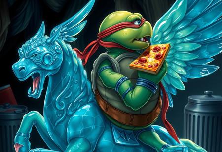 Create a highly detailed, 4K-resolution artwork of a Ninja Turtle eating pizza while sitting on a Crystal Beast Sapphire Pegasus. The Ninja Turtle should have a short spout and a mischievous glint in its eye. The artwork should be inspired by Renaissance-style fine china and have a creepy, oddly familiar atmosphere. The Ninja Turtle's back should be turned towards the viewer, with a trash can visible in the background. The artwork should be created in a style reminiscent of Loish, Murata Range, and Yoshitaka Amano, with vibrant, high-contrast colors and a sense of fantasy. The composition should follow the rule of thirds and the golden ratio, with intricate details and a cel-shaded look.