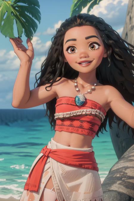 masterpiece, best quality, moana, 1girl, solo, smile, long black hair, brown eyes, curly hair, dark-skinned female, dark skin, jewelry, midriff, necklace, strapless, tube top, tropical island background