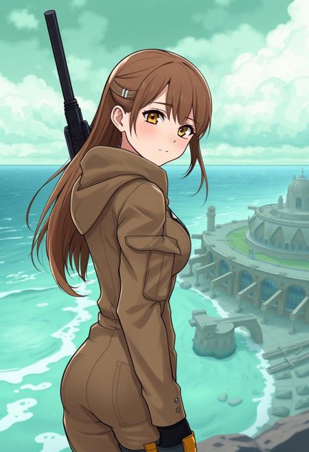 1girl, ((side view))), looking at viewer, highly detailed, from front, 1girl, skinny, looking at viewer, masterpiece, best quality, 
raw, extremely detailed, hyperrealism, photo, perfect anatomy, source_photo, source_real, solo, looking at viewer, 1girl, full body, ((khaki haznat suit:1.5)), dynamic pose,
BREAK
looking at viewer, long hair, ((light brown hair)), long hair, dynamic pose
best quality, depth of field, bokeh, (((full clothed))), ((khaki haznat suit)),
BREAK
adventuress, dynamic pose, military hamzat suit
(((((post-apocalyptic city ruin, light blue ocean, green cloudy sky:1.9))))) score_9, score_8_up, score_7_up, score_6_up, source_cartoon, rating_explicit, Expressiveh, (((((upper body))))), dynamic pose
<lora:DandonFuga_Style_v.2_-_Pony:0.8>