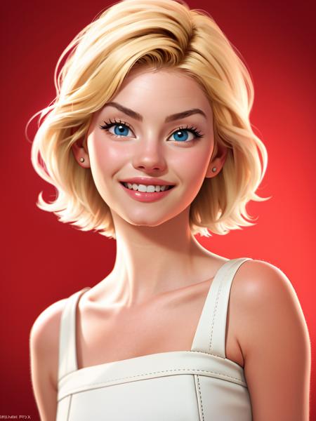 Realistic photo of a beautiful 3l1sh4c-v1 woman,  1girl, solo, looking at viewer, smile, short hair, blue eyes, blonde hair, simple background, bare shoulders, upper body, teeth, grin, lips, red background, realistic, soft lighting, professional Photography, Photorealistic, detailed, RAW, analog, sharp focus, 8k, HD, DSLR, high quality, Fujifilm XT3, film grain, award winning, masterpiece<lora:3l1sh4c-v1:1.0>