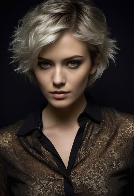 She has white pixie haircut, dark grey trasparent open button shirt, golden makeup , simple jewelry, realistic skin pores , two light moles,
BREAK sexy, attractive , erotic, half body shot , flowing pose, sensual ,
BREAK low-key lighting photograph, in the style of photo shooting, chiaroscuro lighting,  textured background with vintage decoration , medium format photography, Kodak portra colors